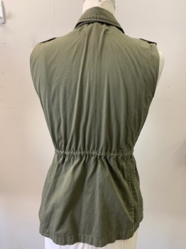 VELVET, Olive Green, Cotton, Solid, Safari Inspired Vest, C.A., Zip Front,, Button Front, 4 Pockets, 2 Zip Pockets, Shoulder Snaps, Drawstring
