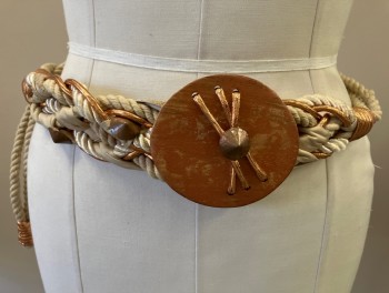 NL, Beige, Cream, Copper Metallic, Cotton, Leather, Rope, Leather & Copper Cording Braided, with Copper Painted Wooden Center Piece