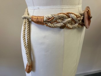 NL, Beige, Cream, Copper Metallic, Cotton, Leather, Rope, Leather & Copper Cording Braided, with Copper Painted Wooden Center Piece