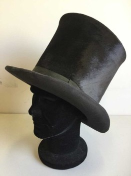 MTO, Black, Silk, Solid, Oversized Top Hat, Panne Velvet, Aged With Paint, To Simulate Beaver Top Hat, Dark Gray Grosgrain Ribbon