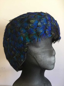 N. MAZZANTI FIRENZE, Blue, Green, Black, Feathers, Individual Peacock Feathers Covering Headpiece, Brown Felt Liner, Elastic Chin Strap, Made To Order,