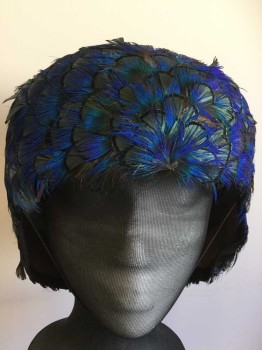 N. MAZZANTI FIRENZE, Blue, Green, Black, Feathers, Individual Peacock Feathers Covering Headpiece, Brown Felt Liner, Elastic Chin Strap, Made To Order,