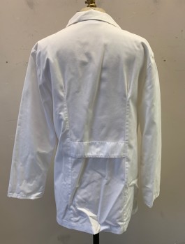 LANDAU, White, Poly/Cotton, 3 Buttons, Notched Lapel, Navy Embroidered Medical Symbol on Chest, 5 Pockets Including Zip Pocket on Chest, Self Attached Belt Detail at Back Waist