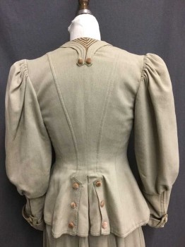 NO LABEL, Beige, Brown, Wool, Pin Tucking On Sleeves, Button and Snap Front Closure, Velvet Brown Button Detail At Hips and Collar, Velvet Deteriorating At Collar, Shirring/Puff Shoulder,