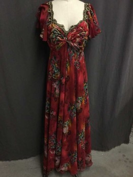 BOB MACKIE, Cherry Red, Black, Turquoise Blue, Yellow, White, Polyester, Floral, Abstract , Evening Gown W/Matching Jacket  Cherry Red with Multicolor Floral, Cap Sleeves,  W/Black + Gold Lace Straps/Trim, Gold Metallic Leaf Embroidery On Bust, Empire Waist, Black Strapless Bra Sewn Into Dress, Floor Length Hem,