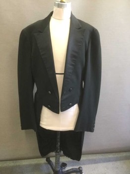 N/L, Black, Silk, Solid, Faille, Double Breasted, Peaked Lapel, Silver Metal Buttons, **Worn in Spots - Particularly at Lapel, Cuffs, Lining, Red Silk Triangular Gusset Added to Lining, Buttons Formerly Were Covered But Fabric Has Worn Off,