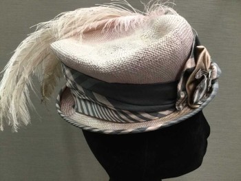 MTO, Lt Pink, Gray, Straw, Silk, Light Pink Straw, Small Turned Up Brim, Pink/Gray Stripe Silk Band with Silk Florette in Stripe and Solid Fabric with Silver Buckle, Plaid Brim Trim, Light Pink/Light Gray Feathers