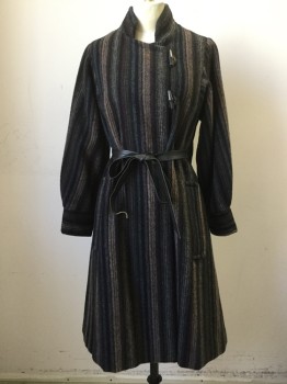 LUBA, Black, Blue, Lt Green, Red, Dk Brown, Wool, Stripes - Vertical , Double Breasted, Toggle and Eye Front, C.A., L/S, 2 Pckts, Black Pleather Belt Woven Through at Sides, Back Yoke Vent