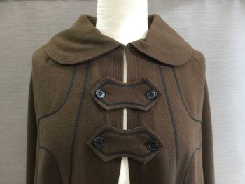 N/L, Chocolate Brown, Wool, Rayon, Solid, with Black Soutache Trim. Peter Pan Collar with Top Stiching and Novelty Panelling at Back Neck Collar, 2 Button Tabs at Front, Brown Rayon Lining. 2 Arm Slits. Inverted pleat Center Back,