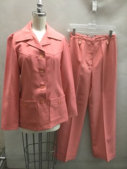 COLLEGE TOWN, Salmon Pink, Polyester, Solid, Long Sleeves, 4 Buttons, Collar Attached, 2 Patch Pockets with Button Closures, Pointed Western Style Yoke at Chest, No Lining,