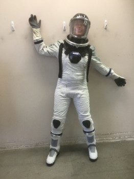 MTO, White, Gray, Navy Blue, Metallic/Metal, Synthetic, Novelty Pattern, Textured Fabric, Hips 42", White Knit, Light Gray Textured Dotted Stripe Body Suit, Clear Gel Like Shoulders & Sleeves, Black Webbing Harness with a Fiber Glass Center Front, Metal Cuffs, Charcoal Rubber Elbow Pads, Spacesuit, EVA, Astronaut, Zip Back, Holes for Oxygen Back Pack, Also Available Clip on Gloves See FC031857 & Boots See FC045657, Separate Rental For Helmet with Gasket CF015179