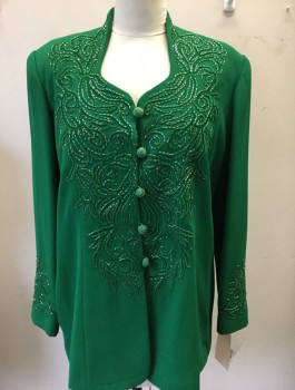 BEN MARC INT., Green, Polyester, Beaded, Solid, Jacket, 5 Facy Beaded Button Front, Fancy Embroidery & Beaded Detail