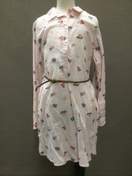 LOGG, Lt Pink, Multi-color, Cotton, Floral, Light Pink Cotton with Multi Color Floral Print in Blue, Pink, Yellow & Green, Button Placet, Collar Attached, Long Sleeves, with Brown Skinny Braided Belt