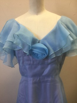 JC PENNEY FASHIONS, Baby Blue, Dusty Lavender, Polyester, Solid, Baby Blue Sheer Organza Over Dusty Lavender Opaque Base Layer, 2 Layers of Sheer Ruffles at V-neck with Ruffled Cap-Sleeve, 3D Rosette at Center Front Bust, Empire Waist, Floor Length, Center Back Zipper,