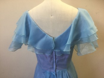 JC PENNEY FASHIONS, Baby Blue, Dusty Lavender, Polyester, Solid, Baby Blue Sheer Organza Over Dusty Lavender Opaque Base Layer, 2 Layers of Sheer Ruffles at V-neck with Ruffled Cap-Sleeve, 3D Rosette at Center Front Bust, Empire Waist, Floor Length, Center Back Zipper,