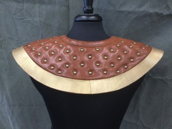 MTO, Brown, Gold, Polyurethane, Animal Print, Solid Brown Faux Leather Collar with Brass Studs, Ribbed Gold Plastic Trim, Button Loops for Attaching to Breastplate