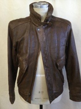  LEATHER WAREHOUSE, Brown, Leather, Solid, Collar Attached with Self Short Belt/2 D-ring Buckles, Hidden Zip Front, with Worn Out Brass Snap Button Front, 2 Pockets with Slant Zipper & Flap Brass Snap Button, Long Sleeves with Self Quilt Elbow Patch, Cuffs with Matching Snap Button, Shinny Light  Brown Lining, Elastic Back Hem