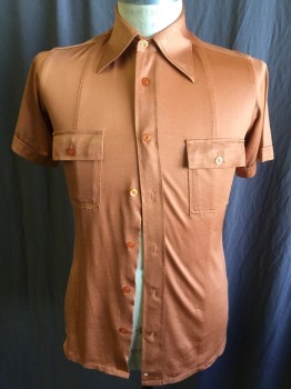 FOX 991, Rust Orange, Polyester, Solid, Collar Attached, Button Front, 2 Pockets with Flap, Short Sleeves, Late 70'S Early 1980'S