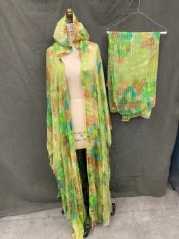 MTO SCHNEEMAN STUDIO, Chartreuse Green, Brown, Green, Silk, Abstract , Diaphanous Robe, Abstract Print with Rectangular Green Woven Stripes, Large Armholes, Hood, **Separate Scarf,