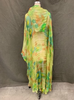 MTO SCHNEEMAN STUDIO, Chartreuse Green, Brown, Green, Silk, Abstract , Diaphanous Robe, Abstract Print with Rectangular Green Woven Stripes, Large Armholes, Hood, **Separate Scarf,