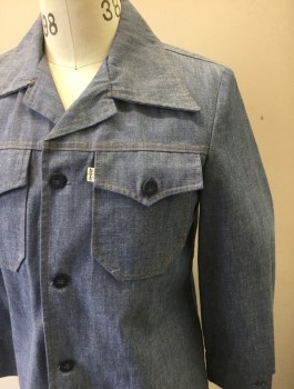 LEVI'S GENTLEMAN'S, Denim Blue, Dusty Blue, Poly/Cotton, Solid, Chambray, Long Sleeve Button Front, Collar Attached, Tan Top Stitching, 2 Patch Pockets with Batwing Flaps, 1 Button Closure, "Peace Corps Vista" Decal Added to Back of Shirt,