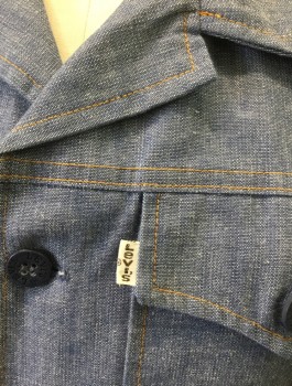LEVI'S GENTLEMAN'S, Denim Blue, Dusty Blue, Poly/Cotton, Solid, Chambray, Long Sleeve Button Front, Collar Attached, Tan Top Stitching, 2 Patch Pockets with Batwing Flaps, 1 Button Closure, "Peace Corps Vista" Decal Added to Back of Shirt,
