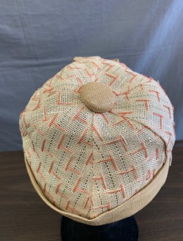 N/L, Lt Beige, Peach Orange, Linen, Geometric, Sporty Cap, Solid Brim with Patterned Crown, Self Covered Button at Top of Head, Self Bow at Center Front, Fashionable Take on a Jockey or Baseball Cap, 1930's