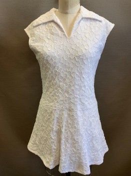 MTO, White, Polyester, Floral, Tennis Dress, Back Zipper, Cap Sleeves, Collar Attached, V-neck, Low Waist, Heavy Lace with Soutache Flowers, Lined