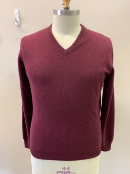 NEIMAN MARCUS, Red Burgundy, Cashmere, Solid, Long Sleeves, V-neck, Rib Knit Collar Cuffs Waistband