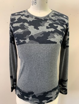 SAW CLOTHING, Gray, Black, Cotton, Camouflage, Dots, Knit, Top is Camo Pattern, Middle is Dash/Dot Pattern, Bottom is Camo, Long Sleeves, Crew Neck
