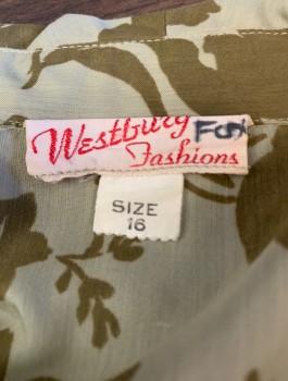 WESTBURG FASHIONS, Sage Green, Olive Green, Cotton, Floral, 1/2 Sleeves, Shirtwaist, Collar Attached, Straight Cut at Hips, Gathered at Waist, Knee Length, Belt Loops But No Belt,