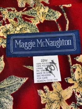 MAGGIE MCNAUGHTON, Maroon Red, Beige, Polyester, Floral, Long Sleeves, Button Front, Notched Collar Attached, V-neck, Padded Shoulders,
