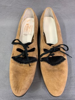 ROBERTS JUNIOR SHOES, Beige, Suede, Solid, Flats, Lace Up with Black Laces, Black Suede Tongue Accent with Self Fringe, Almond Toe, Very Low 1/2 Heel, Youthful Teen/Junior Style
