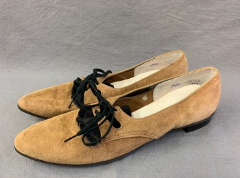 ROBERTS JUNIOR SHOES, Beige, Suede, Solid, Flats, Lace Up with Black Laces, Black Suede Tongue Accent with Self Fringe, Almond Toe, Very Low 1/2 Heel, Youthful Teen/Junior Style