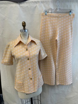 NL, Goldenrod Yellow, White, Synthetic, Floral, Geometric, Short Sleeve Shirt, Button Front, 5 Metal Buttons, 2 Pockets, Cuffed Sleeves