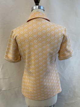 NL, Goldenrod Yellow, White, Synthetic, Floral, Geometric, Short Sleeve Shirt, Button Front, 5 Metal Buttons, 2 Pockets, Cuffed Sleeves