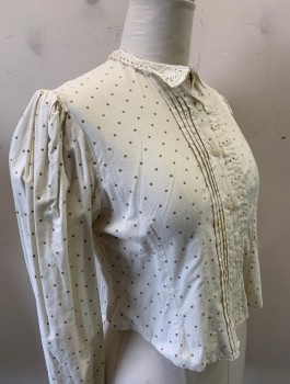 N/L MTO, Cream, Brown, Cotton, Polka Dots, Long Sleeves, Button Front, Tiny White Crochet Collar, Vertical Pleats at Front Along Button Placket, Crochet Trim at Wrists, Made To Order  **Has Large Stain at Front Placket