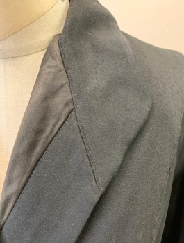 N/L, Black, Wool, Solid, Riding Coat, 3 Buttons,  Pointed Lapel with Silk Satin Panel, Leg O'Mutton Sleeves with Gathered Shoulder, Floor Length with Tall Vents for Leg Movement,