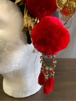 N/L MTO, Gold, Black, Red, Metallic/Metal, Wool, Floral, Abstract , Asian Inspired, Black Felt Coif Covered in Intricate Gold Metal Flowers on Coiled Wires, Large Red Pom Poms Across Front, 3 Tall Pheasant Feathers Attached in Back, Beaded Tassles at Sides, Made To Order