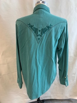 RYAN MICHAEL, Forest Green, Silk, Cotton, Solid, Floral, Collar Attached, Snap Front, Long Sleeves, 2 Pockets, Pointed Yoke with Brown Stitching, Floral Embroidery, 4 Snap Cuffs