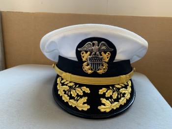 BERNARD, White, Black, Gold, Polyester, Plastic, Solid, Floral, Navy Officer, Round Crown with Embroidery On Bill, Band, Gold And Silver Naval Cap Device