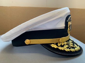 BERNARD, White, Black, Gold, Polyester, Plastic, Solid, Floral, Navy Officer, Round Crown with Embroidery On Bill, Band, Gold And Silver Naval Cap Device