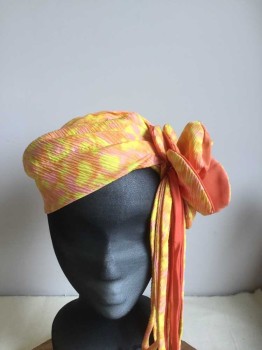 N/L, Pink, Orange, Yellow, Maroon Red, Polyester, Abstract , Pleated Turban, with Self Large Flower with Orange Backing, Maroon Fuzzy Button In Flower, Self/orange/yellow Straps Hanging From Flower