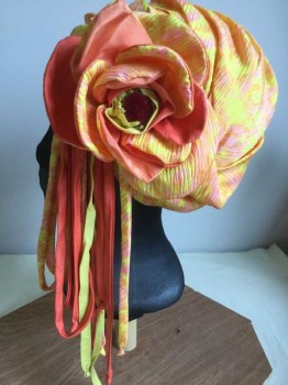 N/L, Pink, Orange, Yellow, Maroon Red, Polyester, Abstract , Pleated Turban, with Self Large Flower with Orange Backing, Maroon Fuzzy Button In Flower, Self/orange/yellow Straps Hanging From Flower
