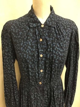 NO LABEL, Navy Blue, Blue, White, Cotton, Floral, Polka Dots, Long Sleeves, Button Front, Collar Attached, Hem Below Knee, Shirring At Waist and Bust, Button Cuffs,