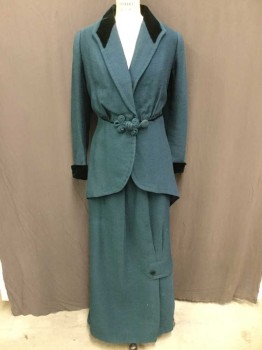 HARFORD CONN, Teal Blue, Wool, Solid, Heavy Wool Gabardine, 1 Button with Large Frog Detail At Waist, Second Frog Detail Center Back Waist, Dark Green Velvet Detail On Collar and Cuffs, Velvet Piping At Waist Seam, Heavy Lining, Condition Fair/Good Some Mending On Left Shoulder and Small Repaired Moth Holes, Vintage/Antique,