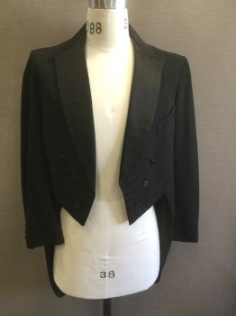 J. JONSSONS, Black, Wool, Silk, Solid, Double Breasted, Peaked Lapel with Satin Panel, 1 Chest Pocket, Black Lining, **A Few Small Holes in Lining, Otherwise Very Good Condition,