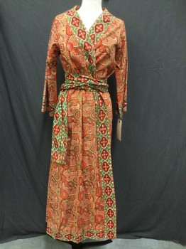 I MAGNIN, Coral Orange, Lime Green, Black, White, Cotton, Paisley/Swirls, Long Sleeves, Dressing Gown, African Print Batiklike Print, Wide Sash Belt In Contrasting Geometric Pattern That Matches Border Trim On Robe, 2 Pockets, No Collar