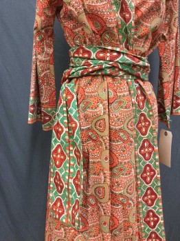 I MAGNIN, Coral Orange, Lime Green, Black, White, Cotton, Paisley/Swirls, Long Sleeves, Dressing Gown, African Print Batiklike Print, Wide Sash Belt In Contrasting Geometric Pattern That Matches Border Trim On Robe, 2 Pockets, No Collar