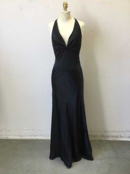 MTO, Black, Silk, Solid, Bias Cut Silk Satin Evening Gown. Deep V Neck Halter. T. Back with Deco Style Rhinestone Detail at Back Waist. Hook & Eye and Snap Closure at Left Side Seam